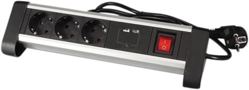 Stekkerdoos Perel bureau 3vdig schakelaar incl. 2 USB-poorten 1.4m zw