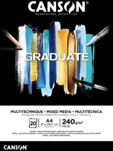 Mixed mediapapier Canson Graduate Mixed Media 20vel 240gr A4 zwart