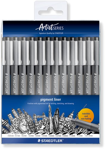 Fineliner Staedtler Pigment 308 zwart set à 12 breedtes