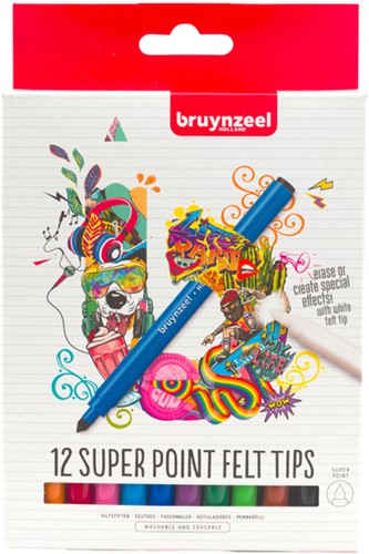 Viltstift Bruynzeel Super Point met witte wisstift set à 12 kleuren