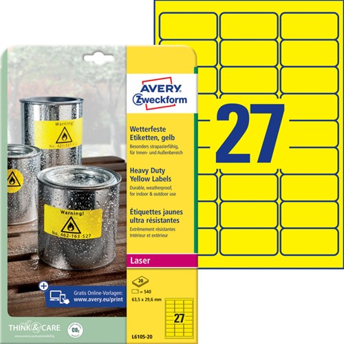 Etiket Avery L6105-20 63.5x29.6mm geel 540 stuks-2