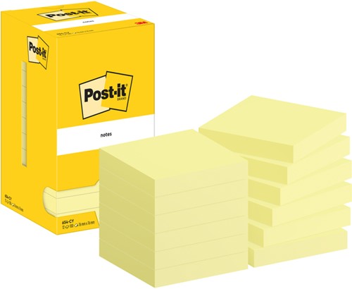Memoblok Post-it 654 76x76mm geel 12 stuks
