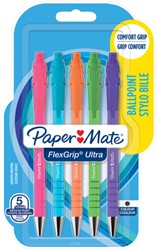 Balpen Paper Mate Flexgrip drukknop Bright fun M assorti blister à 5st