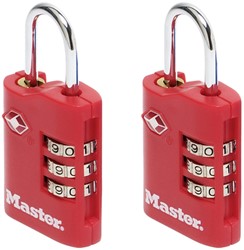 Hangslot Masterlock 3-cijfer combi TSA set van 2 sloten assorti in willekeurige kleur 30mm 2 stuks