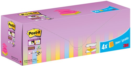 Memoblok 3M Post-it Z-Note R330 Super Sticky 76x76mm assorti kleur 20 + 4 gratis