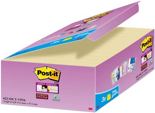 Memoblok 3M Post-it 622 Super Sticky 47.6x47.6mm geel 21 + 3 gratis