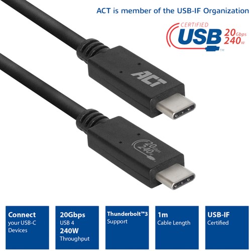 Kabel ACT USB-C USB 4 20Gbps Thunderbolt3 1 meter-2