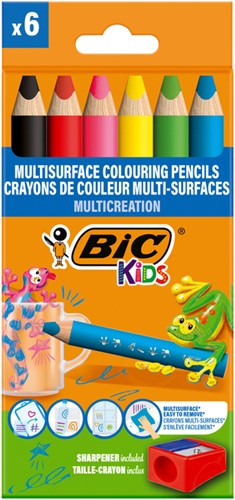 Kleurpotloden BicKids Multi Surface + puntenslijper assorti 6 stuks