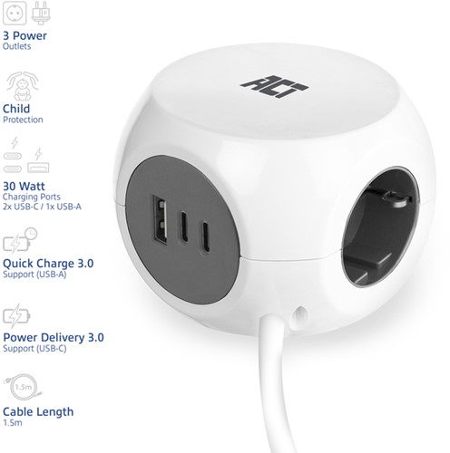 Stekkerblok ACT 3 voudig  inclusief 2x USB C/A 1.5 meter wit/grijs-6