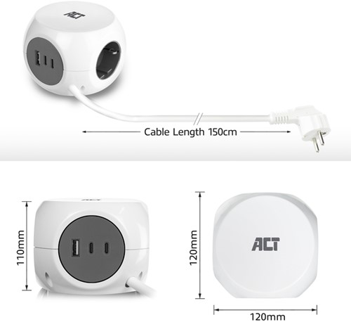 Stekkerblok ACT 3 voudig  inclusief 2x USB C/A 1.5 meter wit/grijs-2