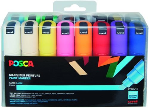 Paintmarker Uni POSCA PC8K breed schuin assorti set à 16 stuks
