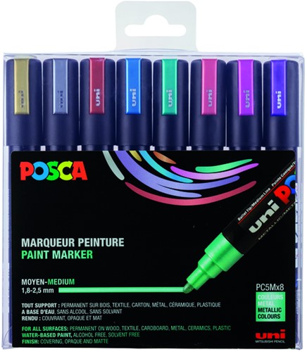 Paintmarker Uni POSCA PC5M medium metallic assorti set à 8 stuks