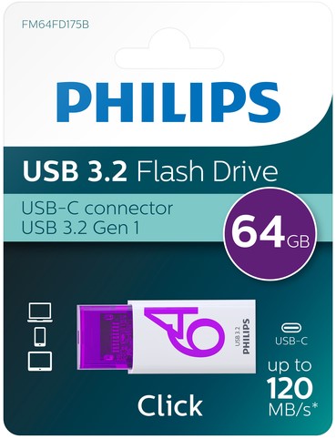 USB stick 3.2 Philips Click USB-C 64GB paars