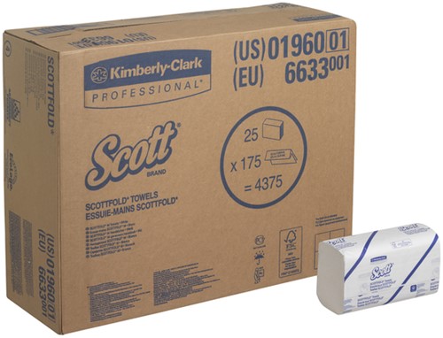 Handdoek Scott i-vouw 1-laags 200x315mm 25x175stuks wit 6633