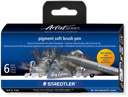 Brushpen Staedtler pigment pen etui à 6 grijze kleuren