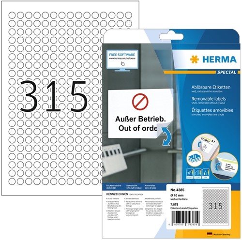Etiket HERMA 4385 rond 10mm wit 7875 stuks
