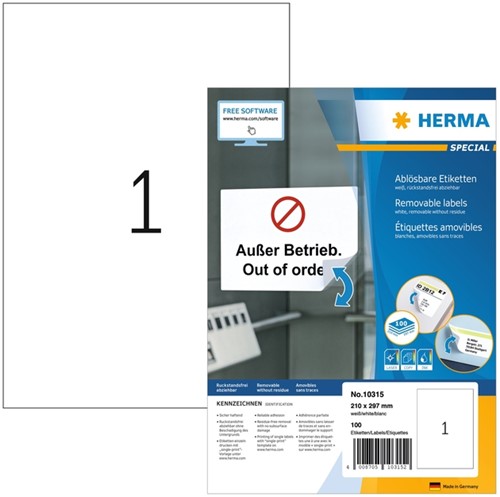 Etiket HERMA 10315 210x297mm wit 100 etiketten