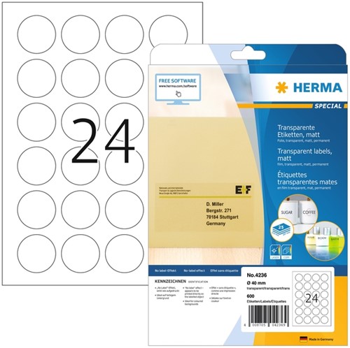 Etiket HERMA 4236 rond 40mm transparant 600 etiketten
