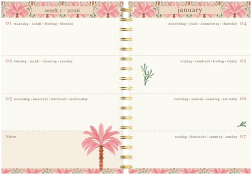 Agenda 2026 Lannoo 120x160 Exotic palms 7dagen/2pagina's roze-2