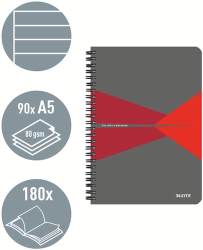 Notitieboek Leitz Office A5 lijn 180 pagina's 80gr grijs rood-2
