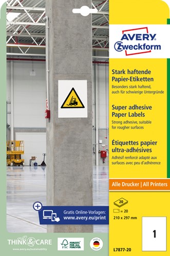 Etiket Avery L7877-20 210x297mm 20 stuks