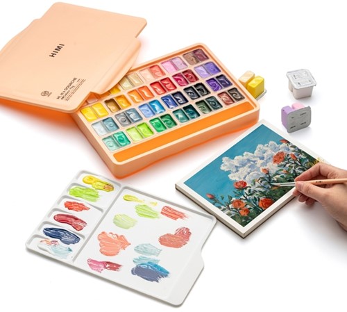 Gouache HIMI twin cups 48 kleuren 12gr opbergbox Peach Fuzz-7