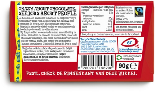 Chocolade Tony's Chocolonely melk reep 90 gram-1