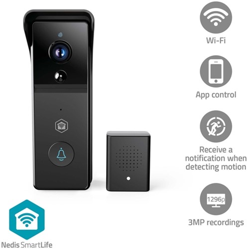 Videodeurbel Nedis Smartlife Wifi 3MP Full HD 1296p zwart-1