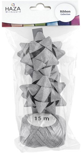 Cadeaulint Polyband en 2 rozetten zilver glitter-2