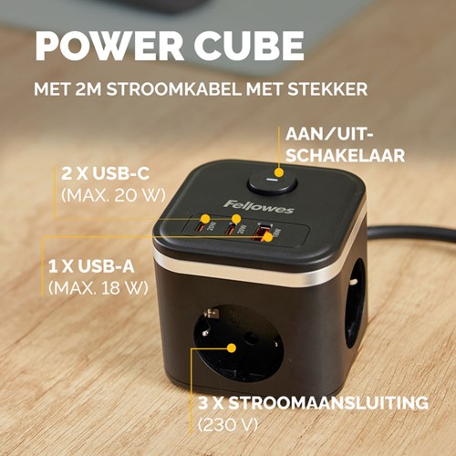 Stekkerblok Fellowes Power Cube F 3vdg 1xUSB A 2xUSB C 2 meter zwart-2
