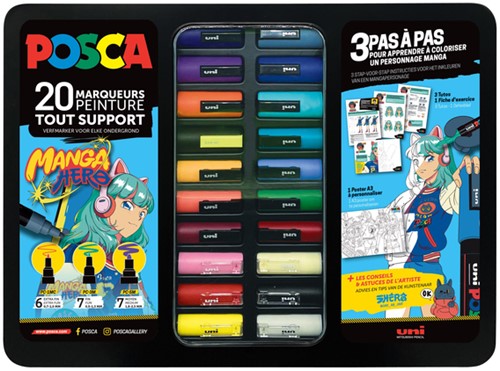 Paintmarker Uni POSCA Manga Hero assorti metalen koffer à 20 stuks