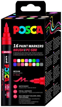 Paintmarker Uni POSCA PC-5BR brushpunt medium set à 16 kleuren
