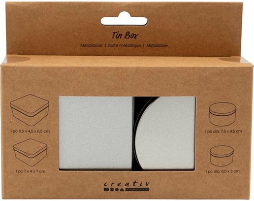 Blikjes Creativ Company cirkel en vierkant set à 4 stuks zilver