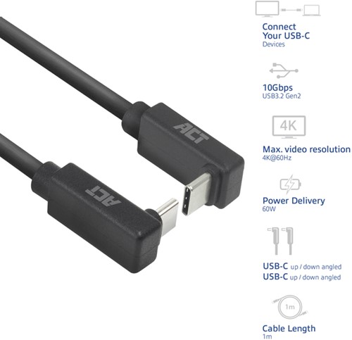 Kabel ACT USB-C hoek boven/beneden 10Gbps 1m-2
