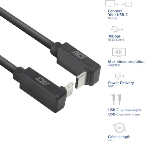 Kabel ACT USB-C hoek boven/beneden 10Gbps 2m-2