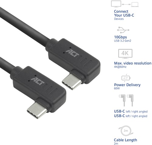 Kabel ACT USB-C hoek links/rechts 10Gbps 2m-2