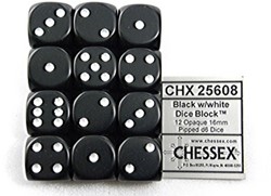 Dobbelsteen Chessex Black/white D6 16mm set à 12 stuks