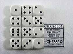 Dobbelsteen Chessex White/black D6 16mm set à 12 stuks