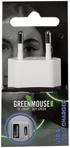 Oplader Green Mouse USB-C 1x en USB-A 1x wit blisterverpakking
