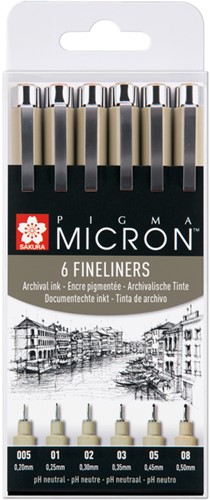 Fineliner Sakura Pigma Micron set à 6 schrijfbreedtes zwart