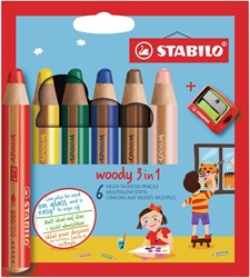 Kleurpotloden STABILO 880 woody 3 in 1 assorti etui à 6 stuks