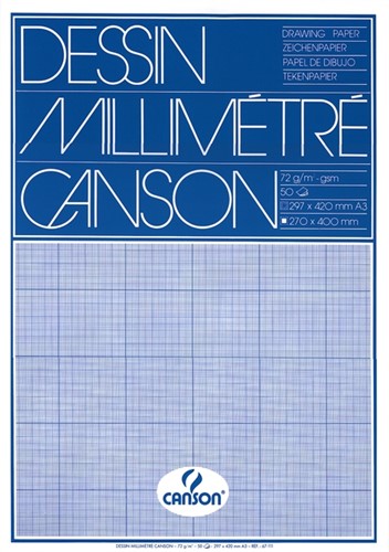 Millimeterpapier Canson lichtblauw bedrukt 50vel 72gr A3 wit