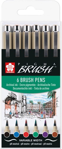 Brushpen Sakura Pigma Brush set à 6 stuks zwart