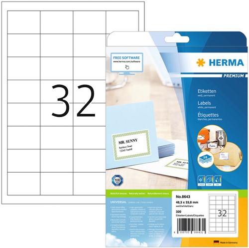 Etiket HERMA 8643 48.3x33.8mm premium wit 320 stuks