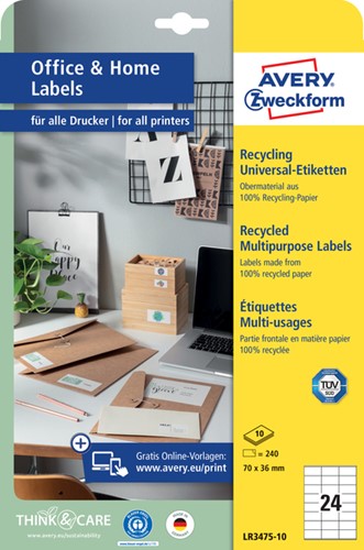 Etiket Avery Zweckform LR3475 70x36mm recycled wit 2400 etiketten