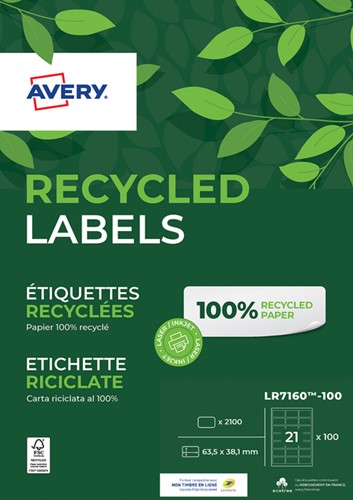 Etiket Avery LR7160-100 63.5x38.1mm recycled wit 2100 stuks