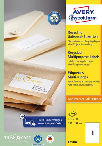 Etiket Avery LR3478 210x297mm A4 recycled wit 100 stuks