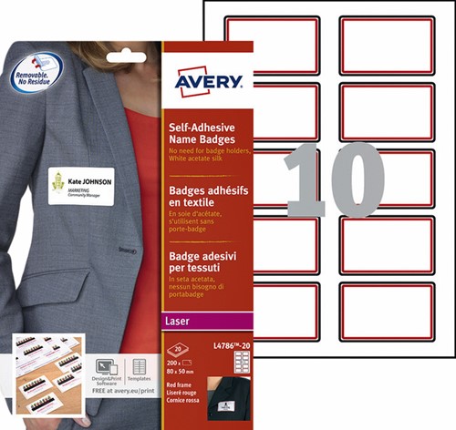 Naambadge etiket Avery L4786-20 80x50mm rood kader 200 stuks