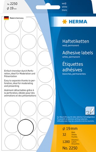 Etiket HERMA 2250 rond 19mm wit 1280 stuks