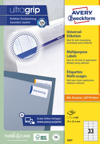 Etiket Avery Zweckform 3421 70x25.4mm wit 3300stuks
